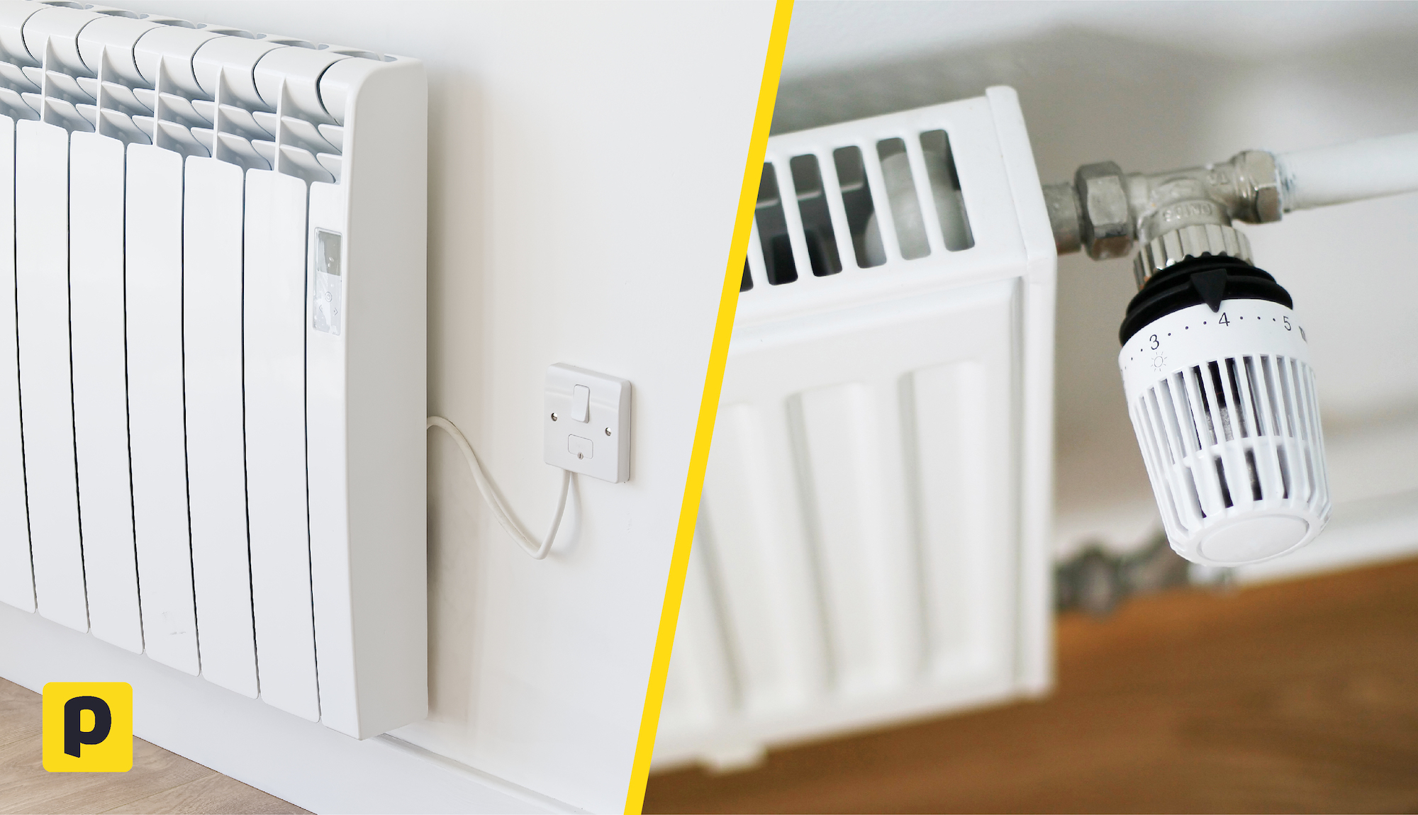 Split image comparing an electric radiator plugged into a wall socket with a central-heating radiator and thermostatic valve.