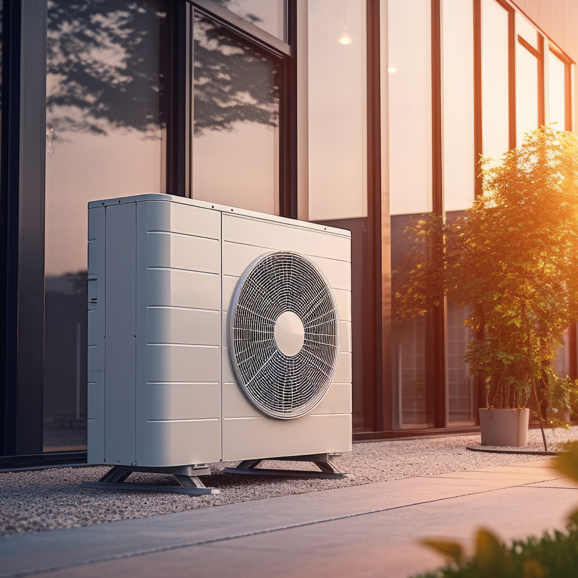 Air source heat pump unit installed beside a modern home, illuminated by warm sunlight.