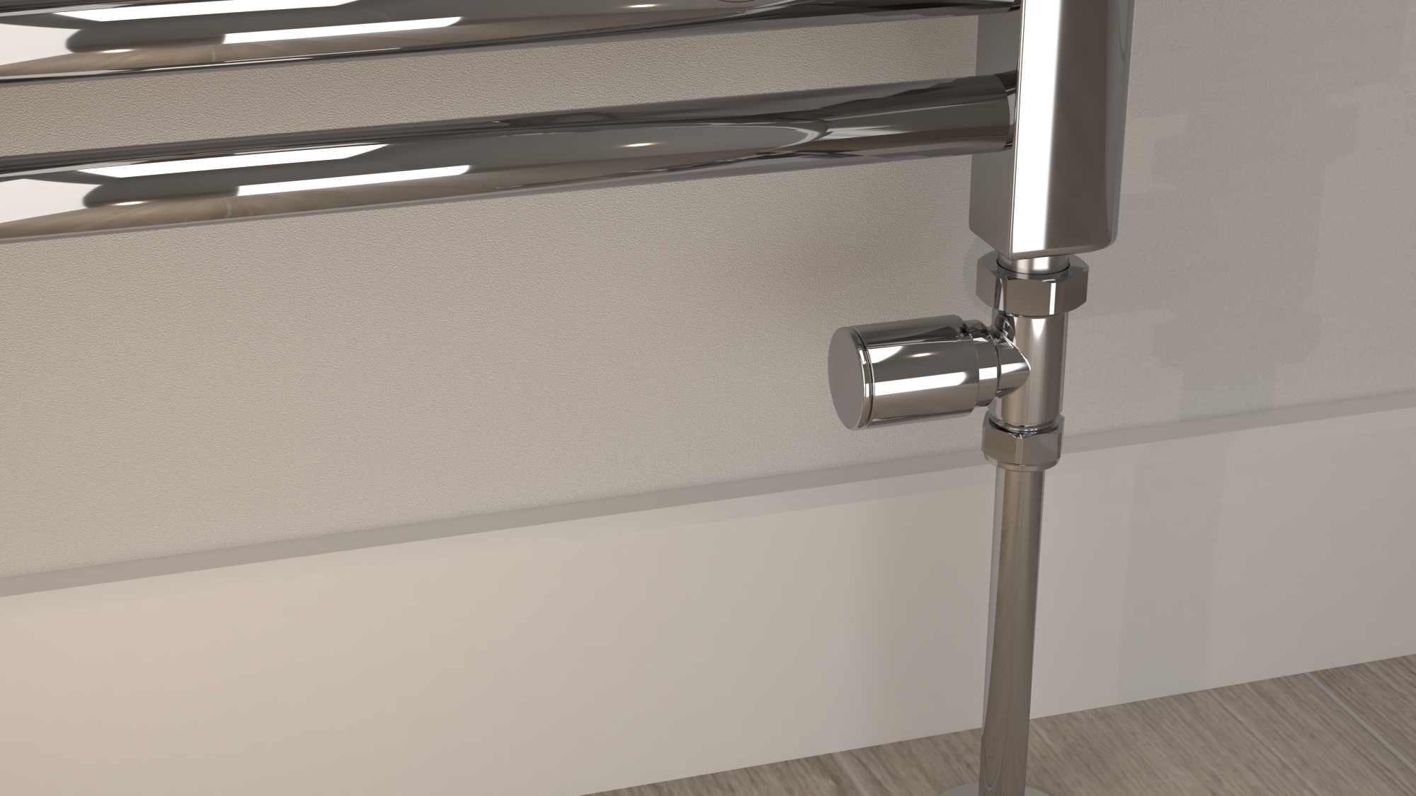 Close-up focused on a chrome straight manual valve connecting floor pipework to a chrome heated towel rail.