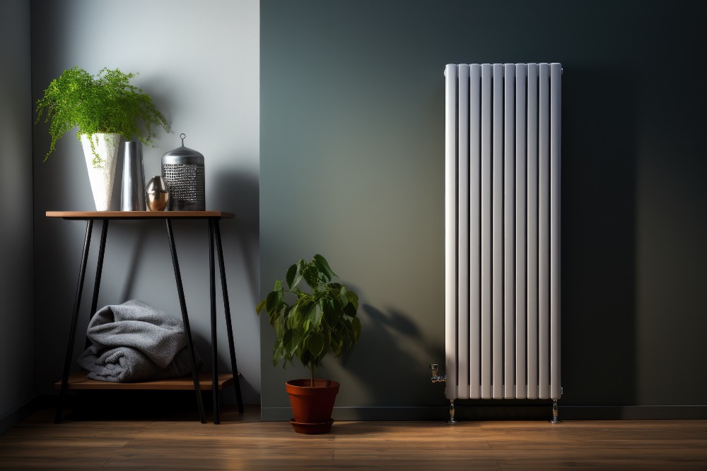 White vertical column radiator installed against a dark feature wall in a contemporary room with wooden flooring, houseplants and a side table.